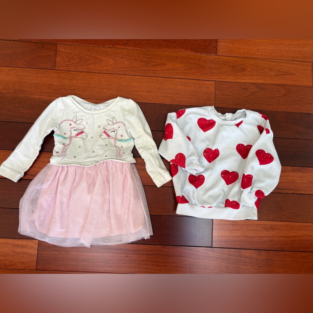 Pink and White Unicorn Dress and Heart Sweater Set girls size 3-4
